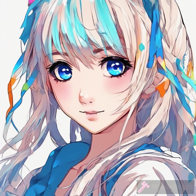 cute anime girl face colorful, big blue eyes