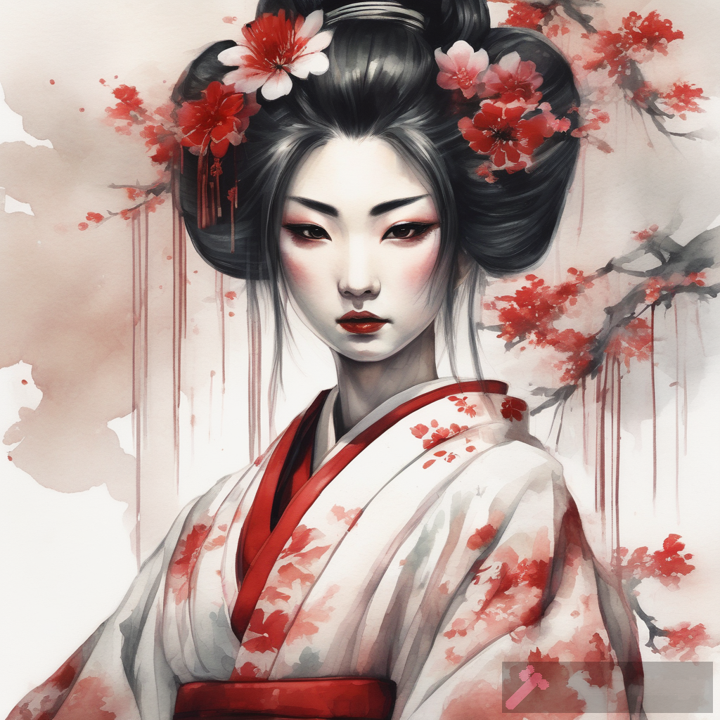 Kimono with Red and White Flower Prints: Geisha-Inspired Soft Watercolor Fantasy