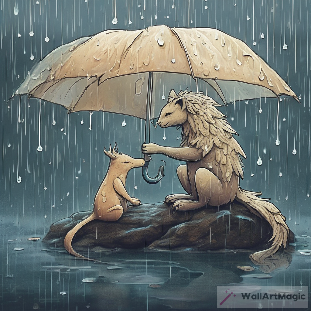 Enchanting Whimsical Artwork: A Mythical Creature Embracing the Peaceful Rainy Day