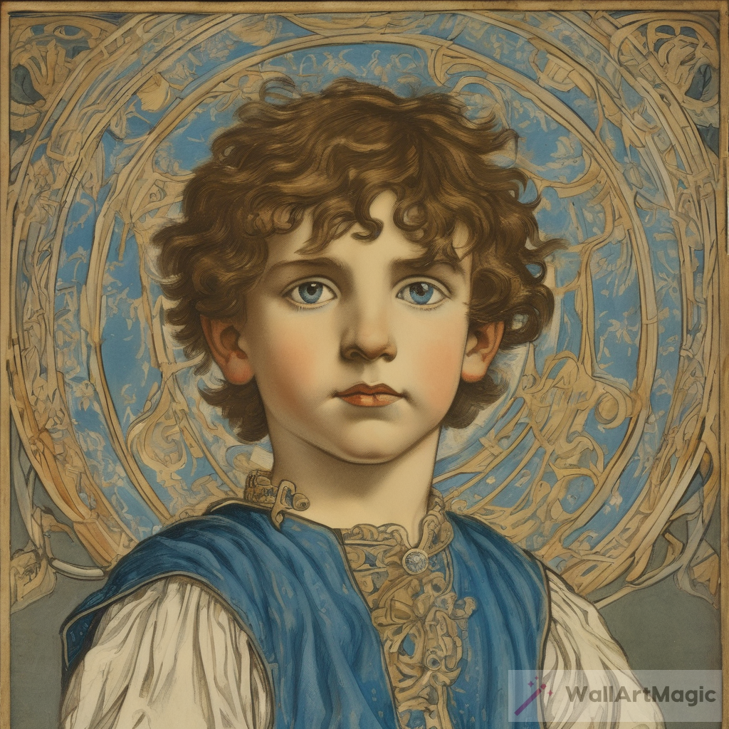 Enchanting Painting by Walter Crane: A 7-Year-Old Boy with Curly Brown Hair and Sparkling Blue Eyes