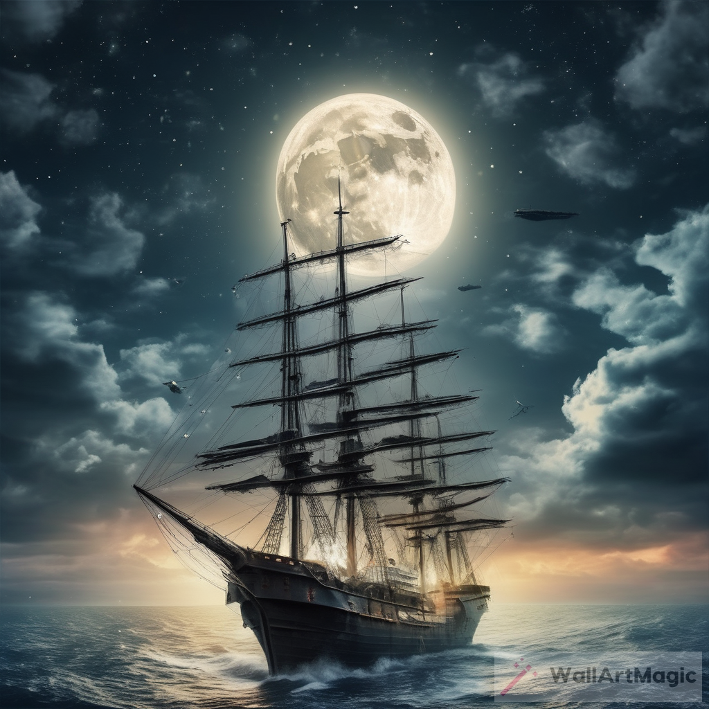 Flying Ships in the Sky: An Enchanting Sea with a Full Moon