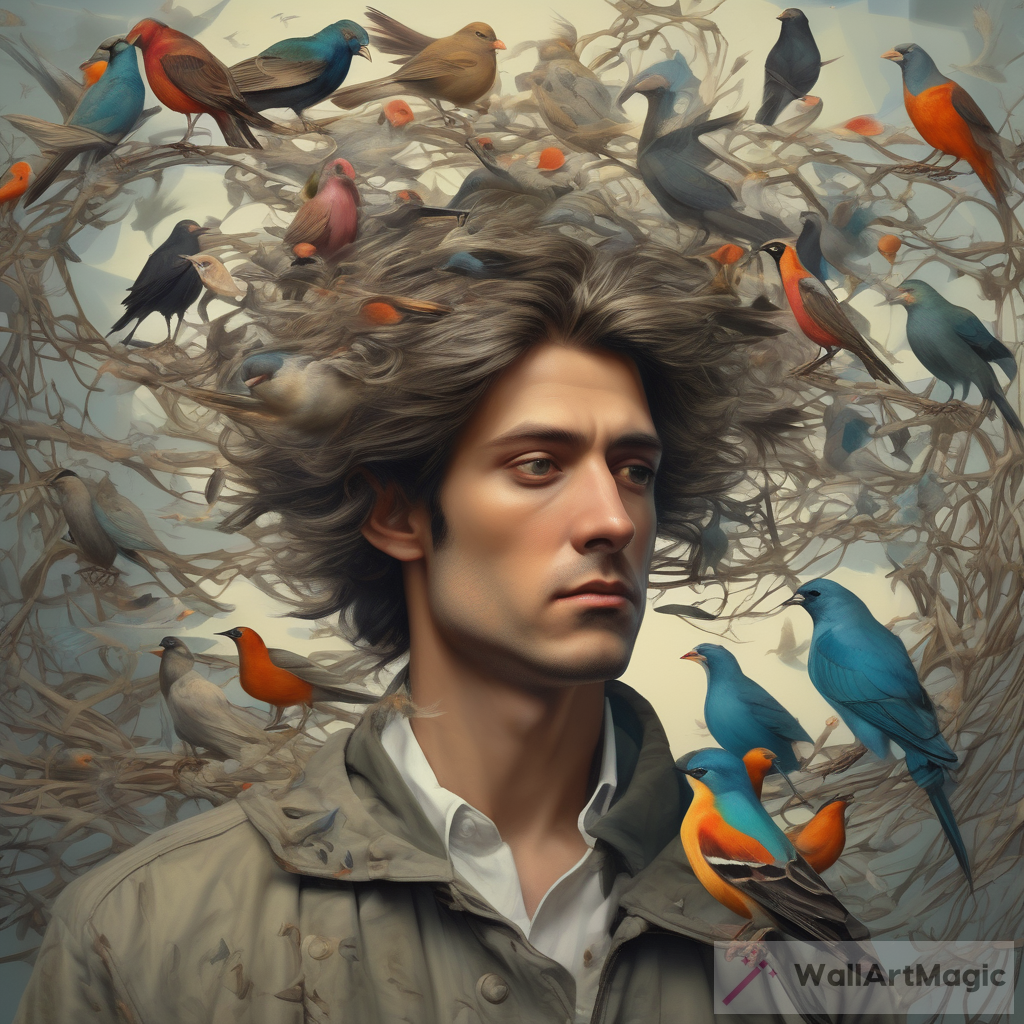 Psychedelic Realism: Birds Covering a Man's Hair