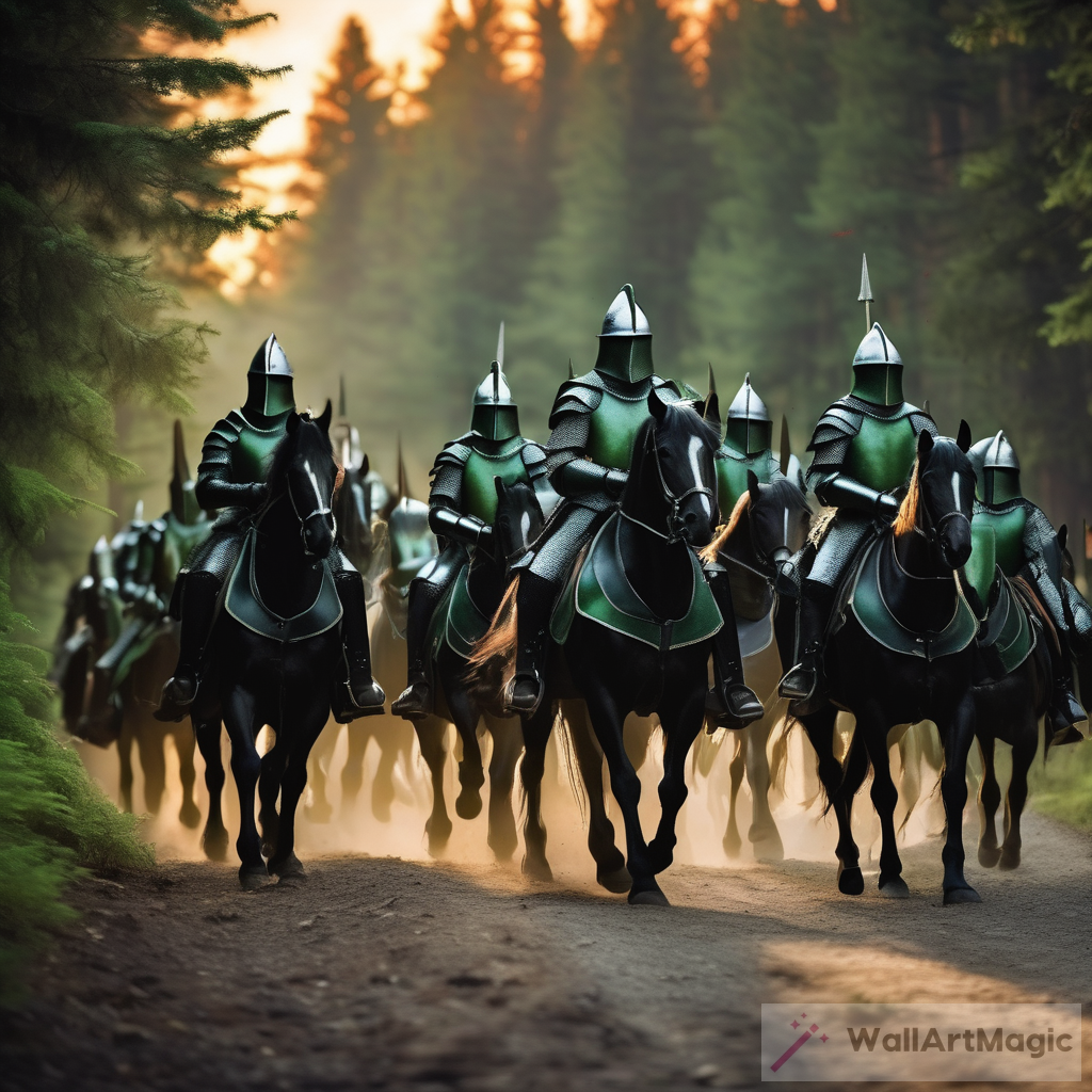 Medieval Cavalry in Formation: Black and Green Armor on the Coniferous Forest Road at Sunset