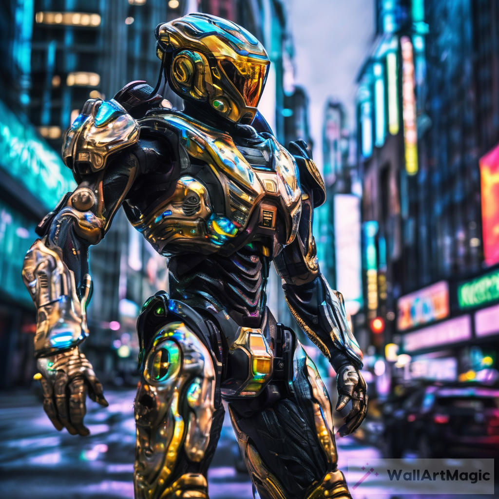 Embrace Peace with the Psychedelic Peacekeeper Exo-Suit in a Neon-Lit City