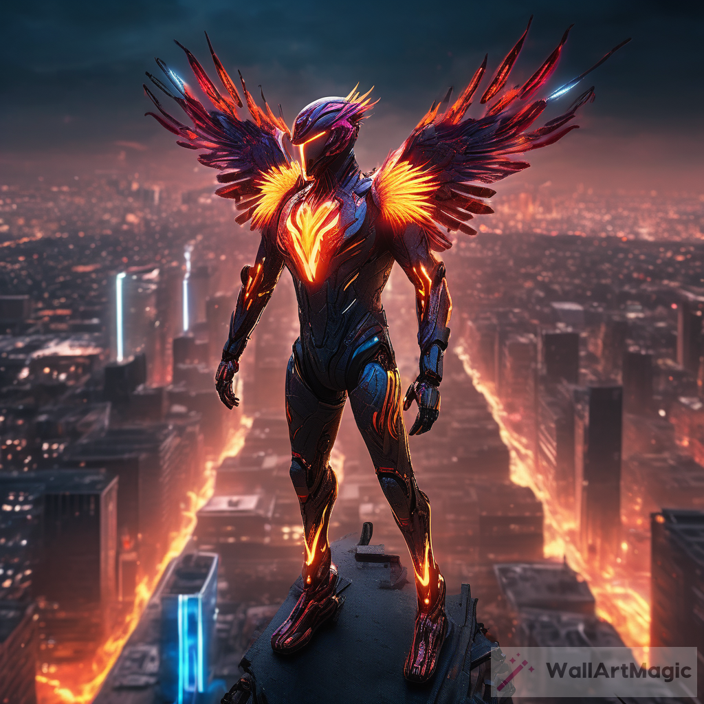 Rising Above: The Urban Phoenix Exo-Suit in a Neon Flame Cityscape