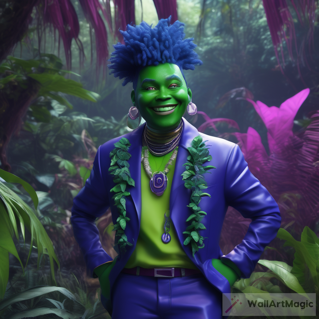 Joyful and Optimistic: A Green Costumed Character with Blue Jewelry in a Jungle Setting