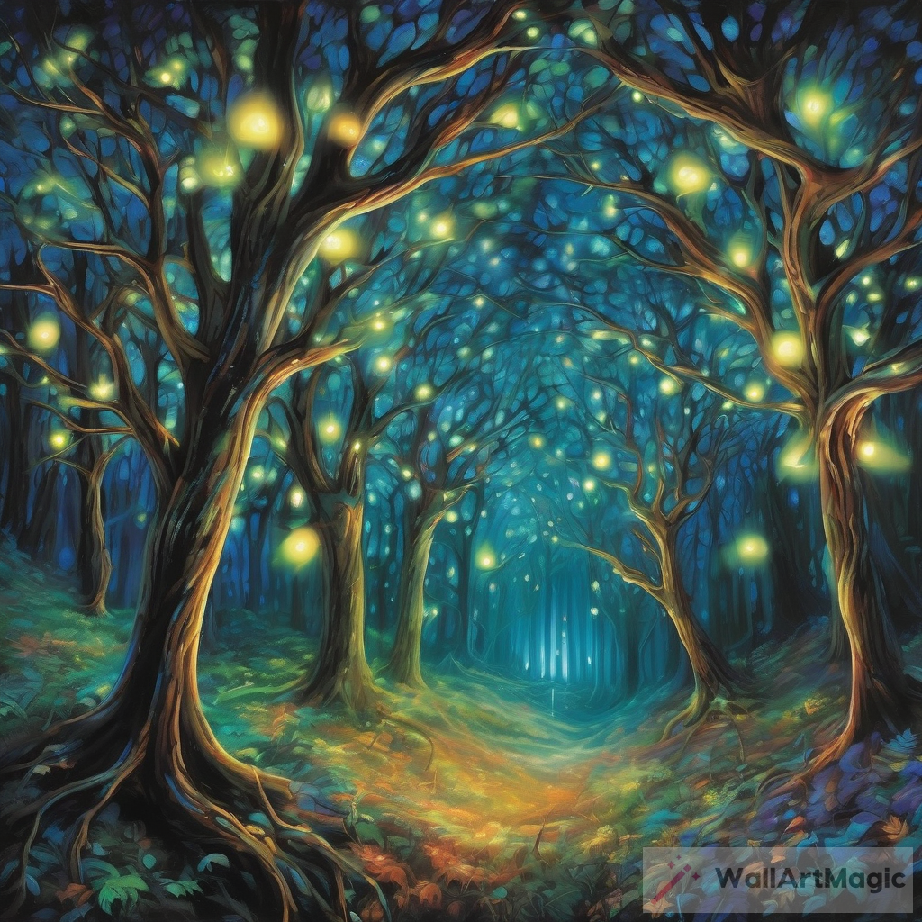Nighttime Enchantment: A Captivating Artwork of a Magical Evening Forest with Dancing Tree Spirits