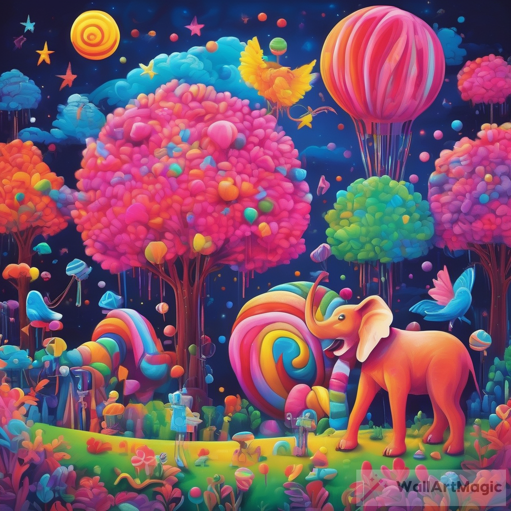 Imaginative and Whimsical World: Candy Skies, Neon Wings, and Glowing Trees