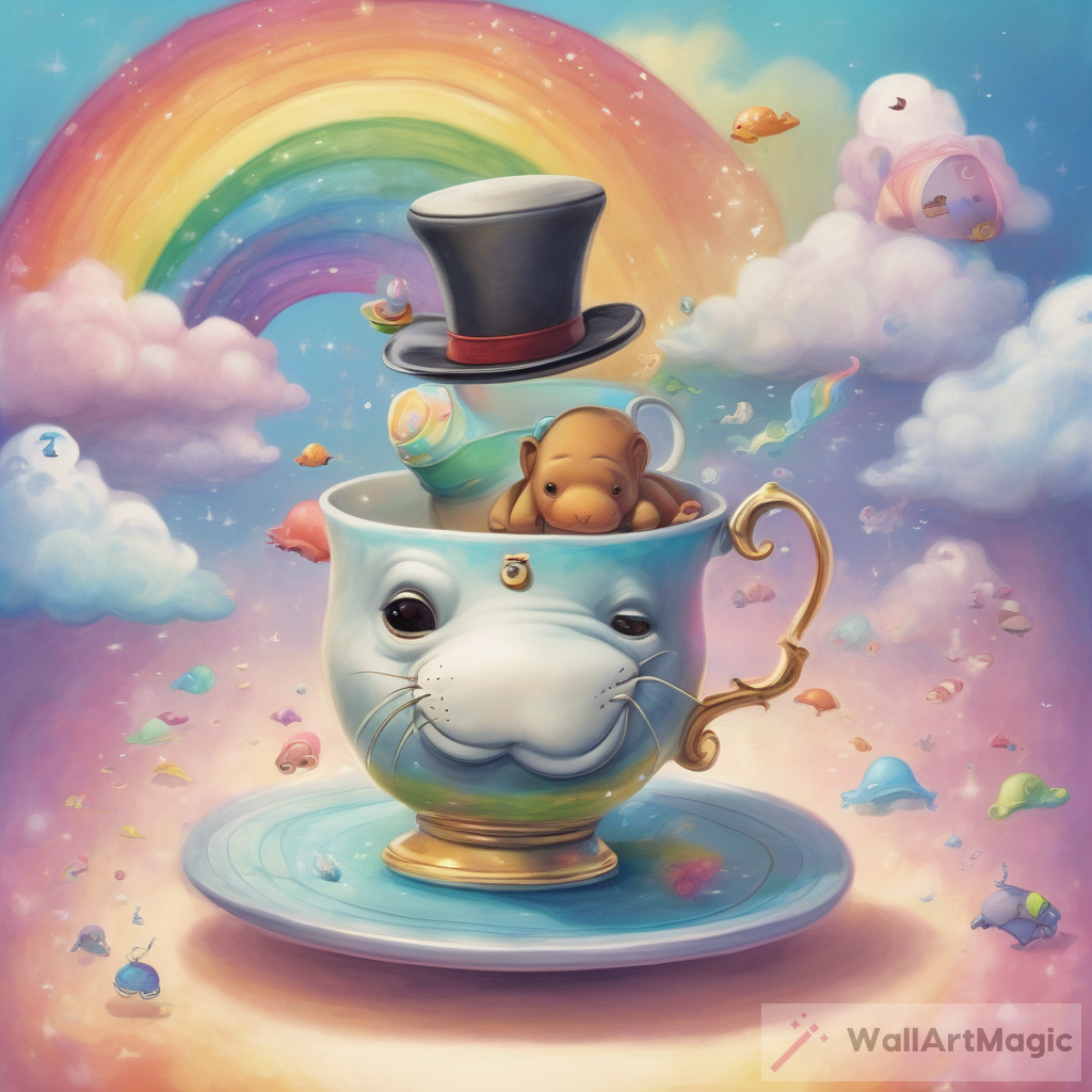 Whimsical Adventure: Talking Teacup Floating Through Rainbow-Filled Skies with Friendly Walrus