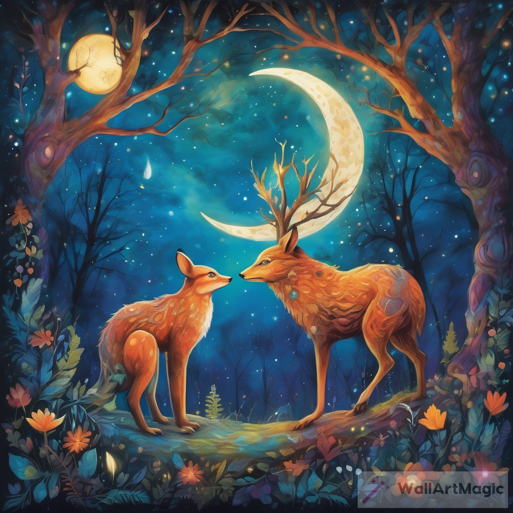Magical Encounter: Woodland Creature and Celestial Being Meet under a Mesmerizing Moonlit Sky