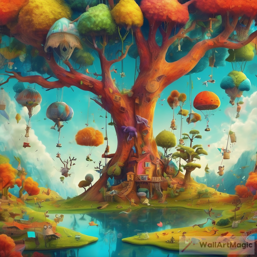 A Whimsical World: Upside Down Trees, Soaring Animals, and Vibrant Colors