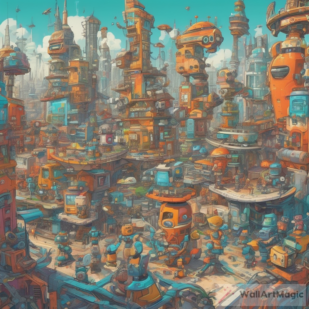 Robots in a Vibrant Futuristic Cityscape: Bringing Joy and Wonder to Their Mechanical Existence