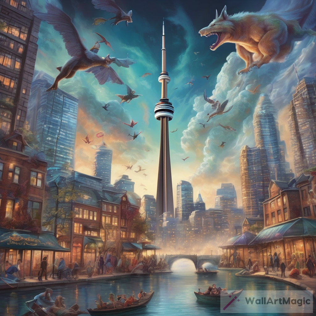 Captivating Artwork Featuring CN Tower in Toronto with Mythical Creatures