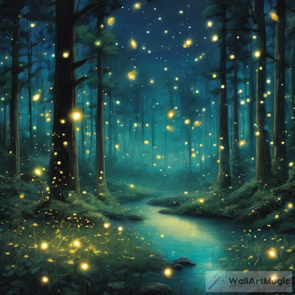 Create a breathtaking masterpiece that captures the harmonious dance of fireflies in a moonlit forest