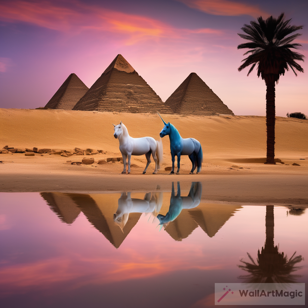 Unicorns Grazing Near the Pyramids of Giza - A Mystical Twilight