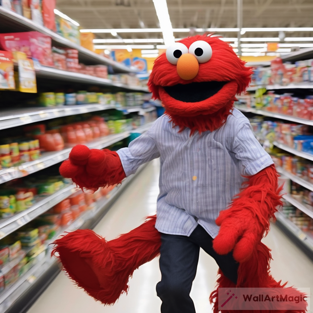 Whimsical Art: Hairless Elmo Running Through Walmart Aisles