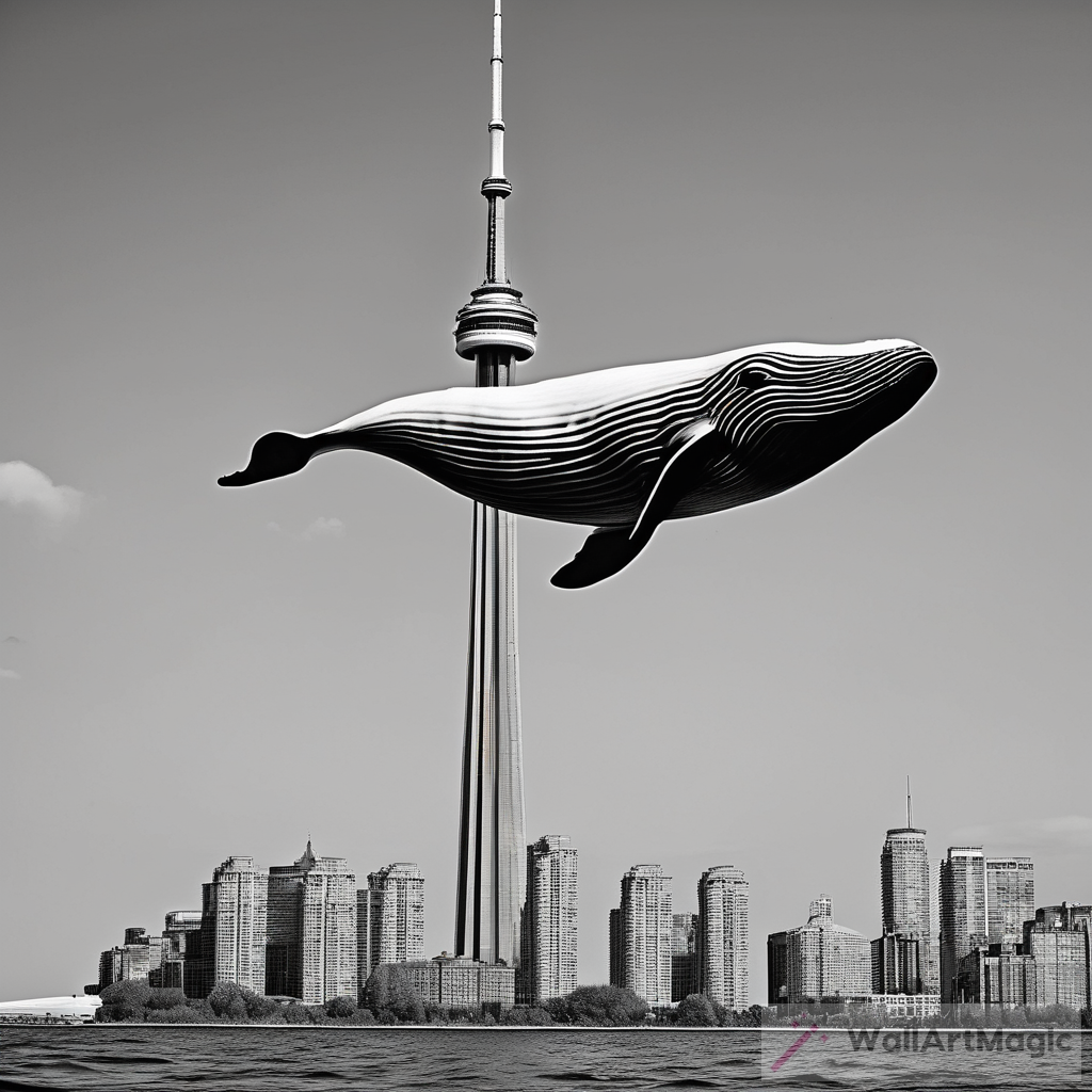 Whale Jumping in Front of CN Tower: A Mesmerizing Black and White Photo