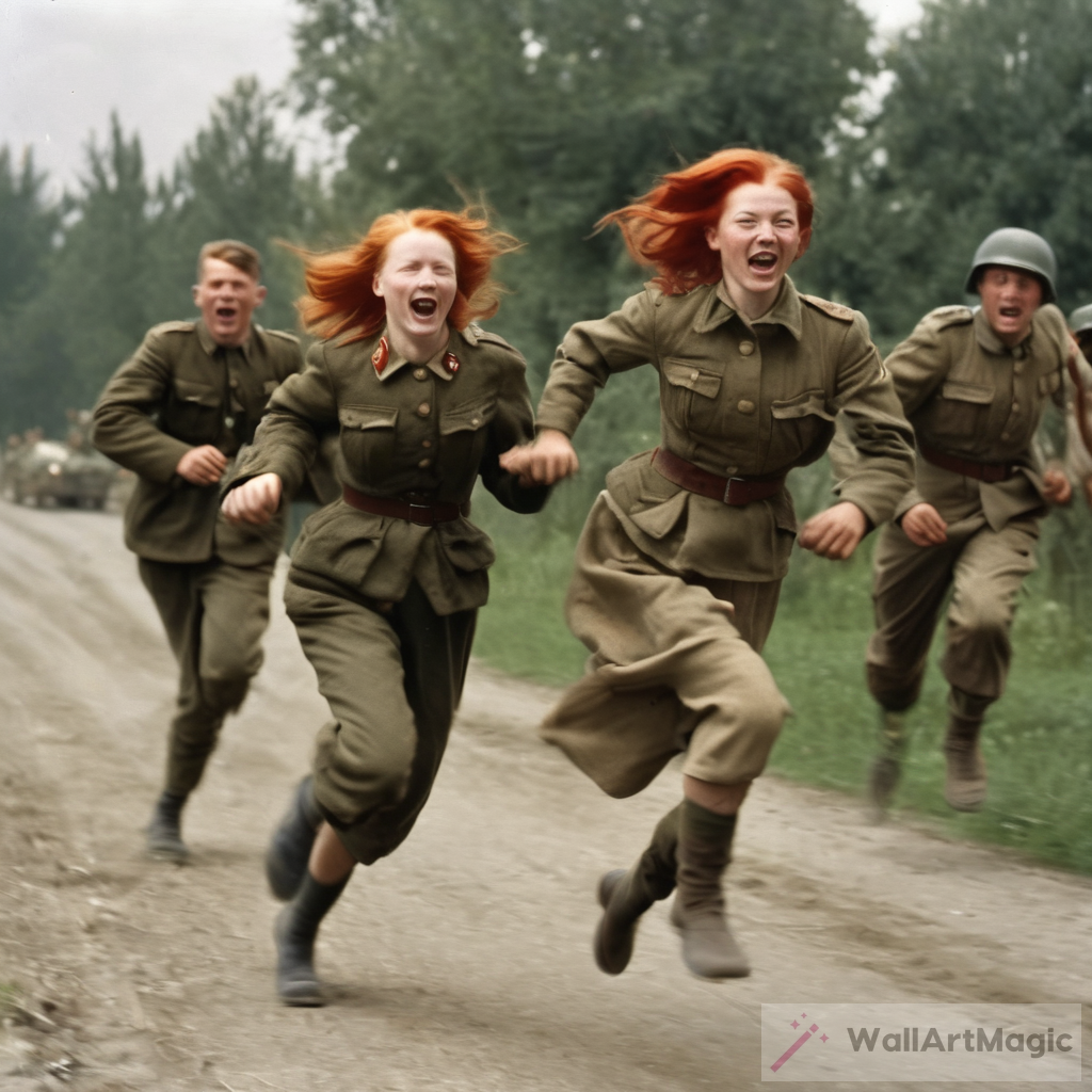A Captivating Art Moment: German Soldiers Chasing a Girl with Red Hair in 1944