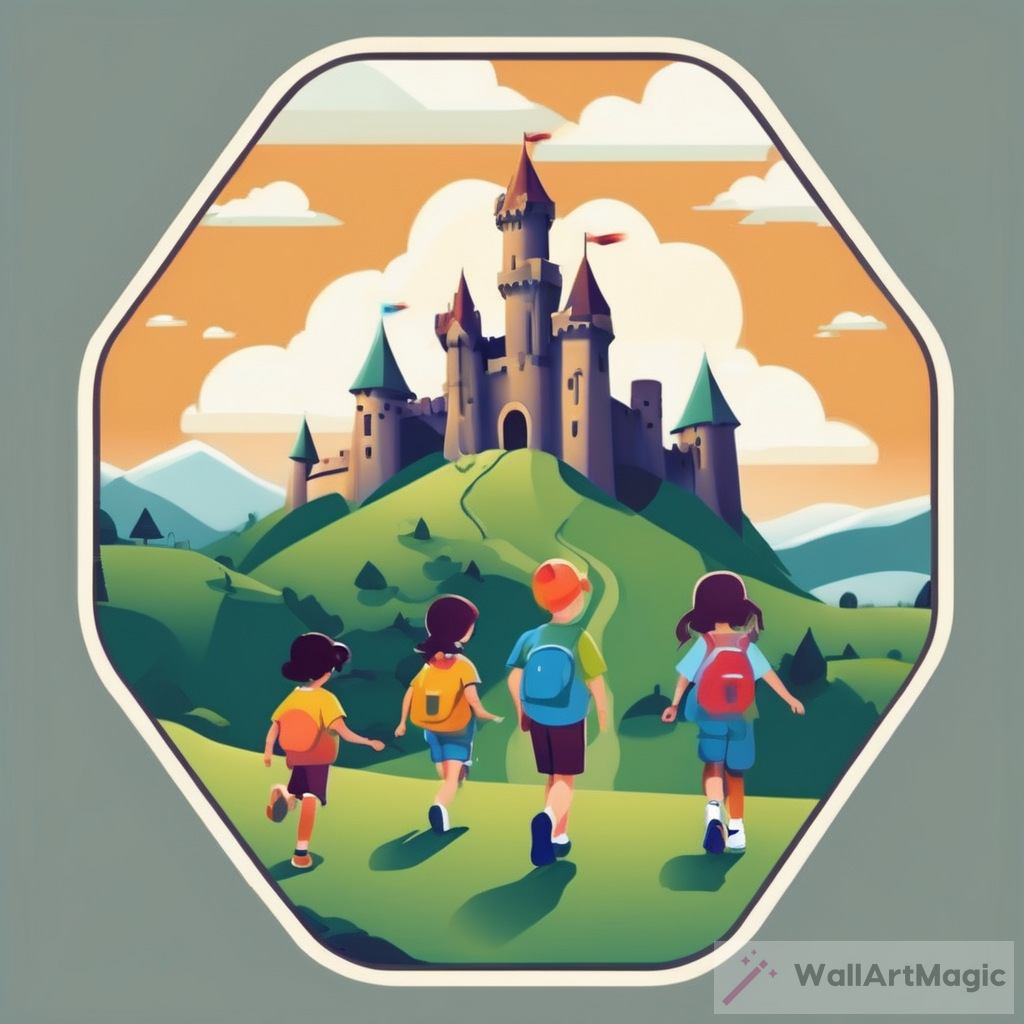 Exploring the Magical World: Hexagon Logo with Kids, Hills, and a Castle