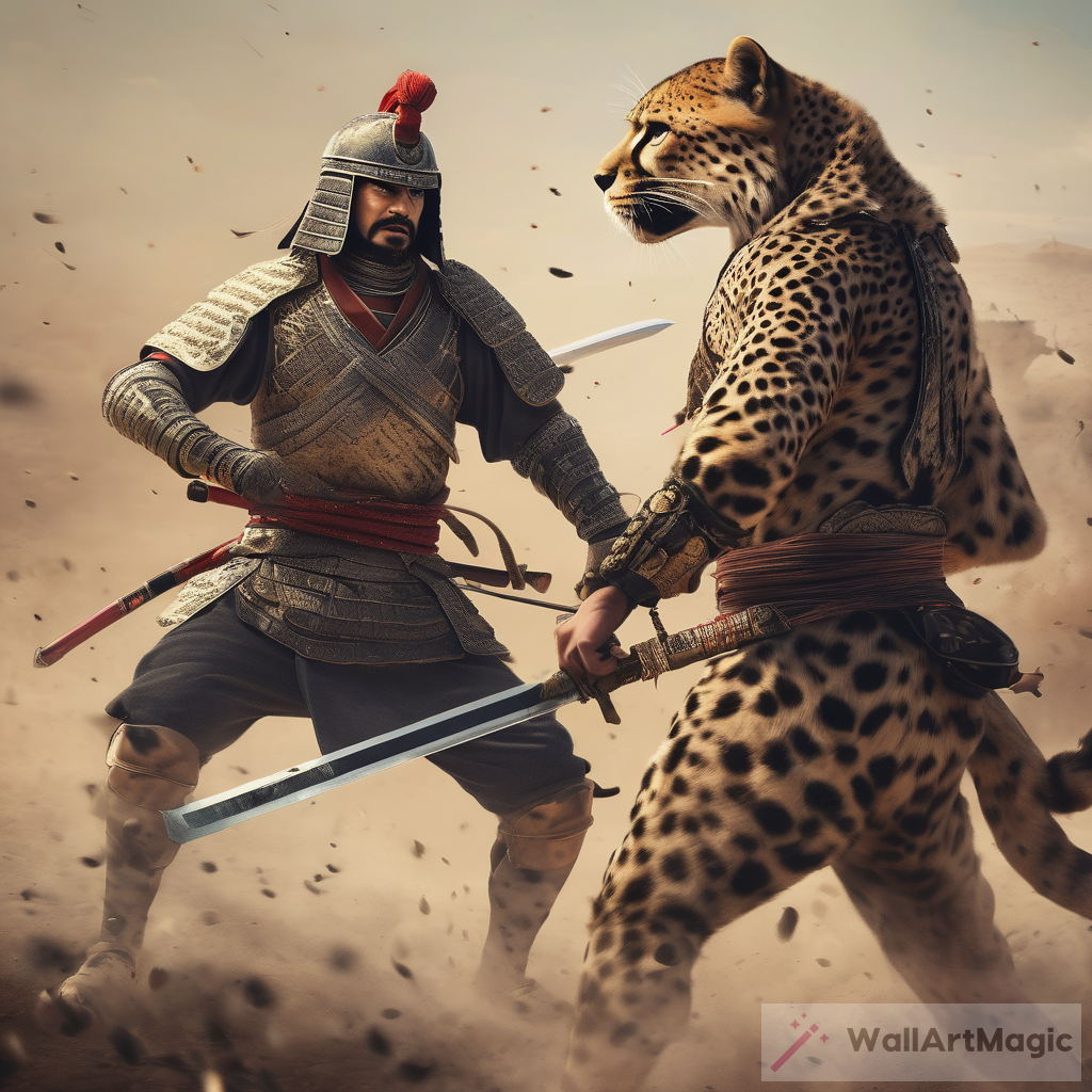 The Clash of the Persian Cheetah and the Human Samurai - A Battle of Power and Grace