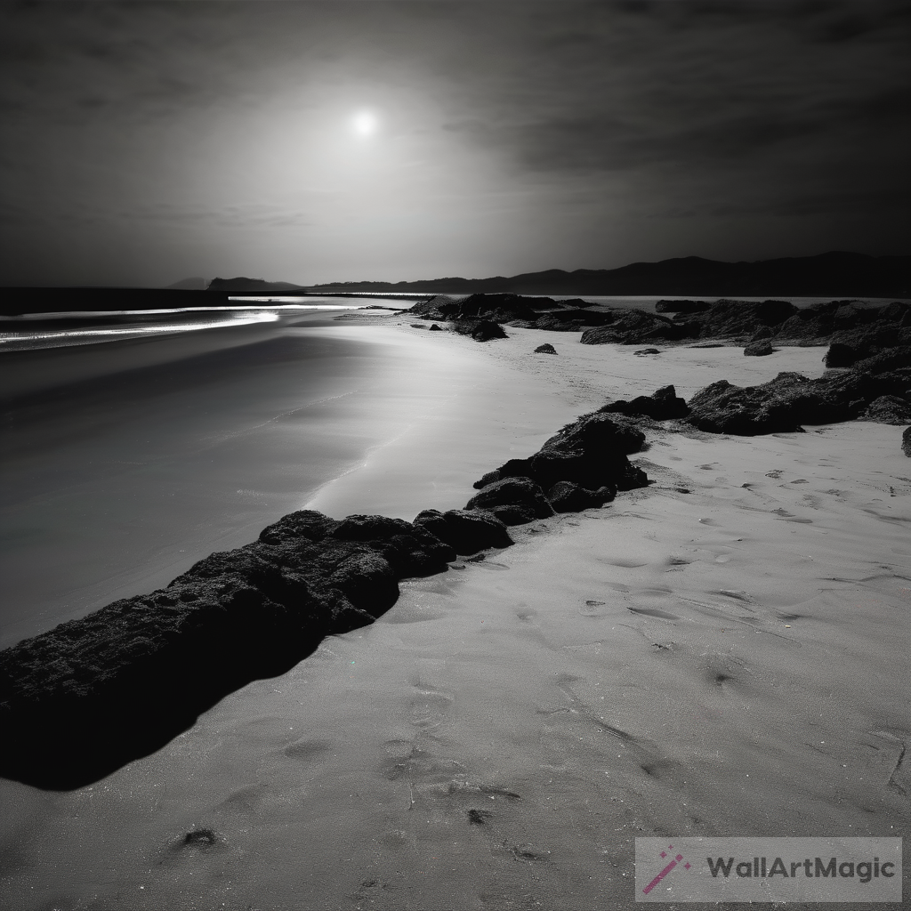 Exploring the Serenity of a Dark Blue, Black, and White Beach at Night