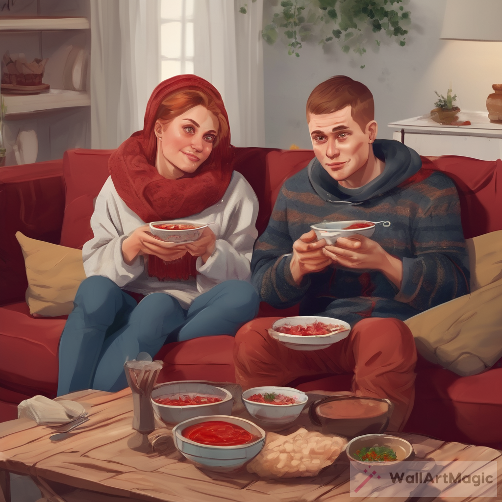 A Cozy Evening: Russian Couple Enjoying Borscht and a Movie on the Couch