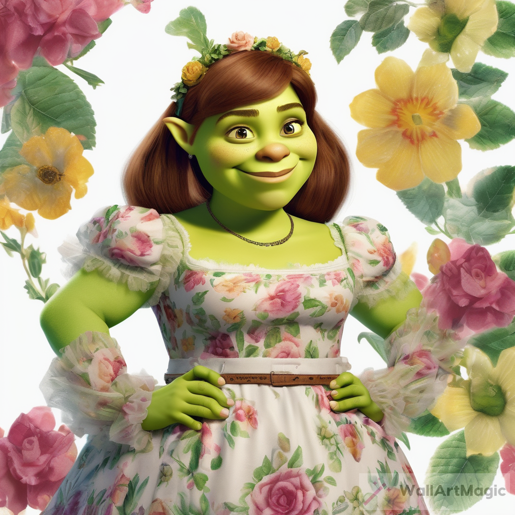 Shrek Transformed: A Blooming Beauty on a White Canvas with Floral Attire