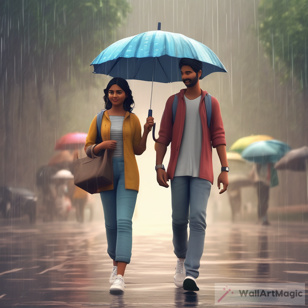 A Rainy Stroll: Indian Young Couple's 3D Illustration