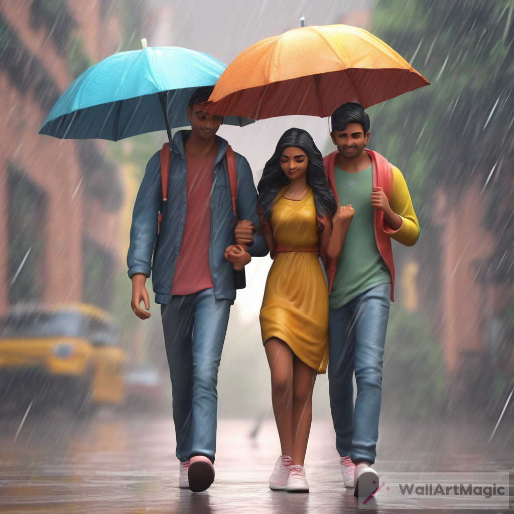 A Romantic Stroll in the Rain: 3D Illustration of an Indian Young Couple Enjoying the Weather