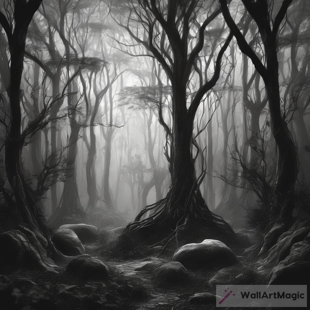 Exploring the Mysteries of a Black and White Dark Fantasy Forest