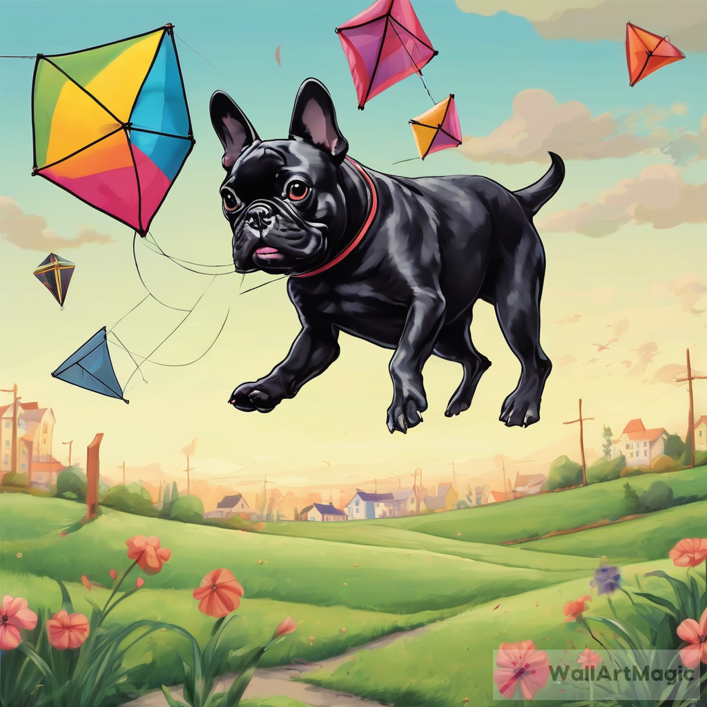 The Playful Pursuit: A Black French Bulldog Chases a Cat-Shaped Kite