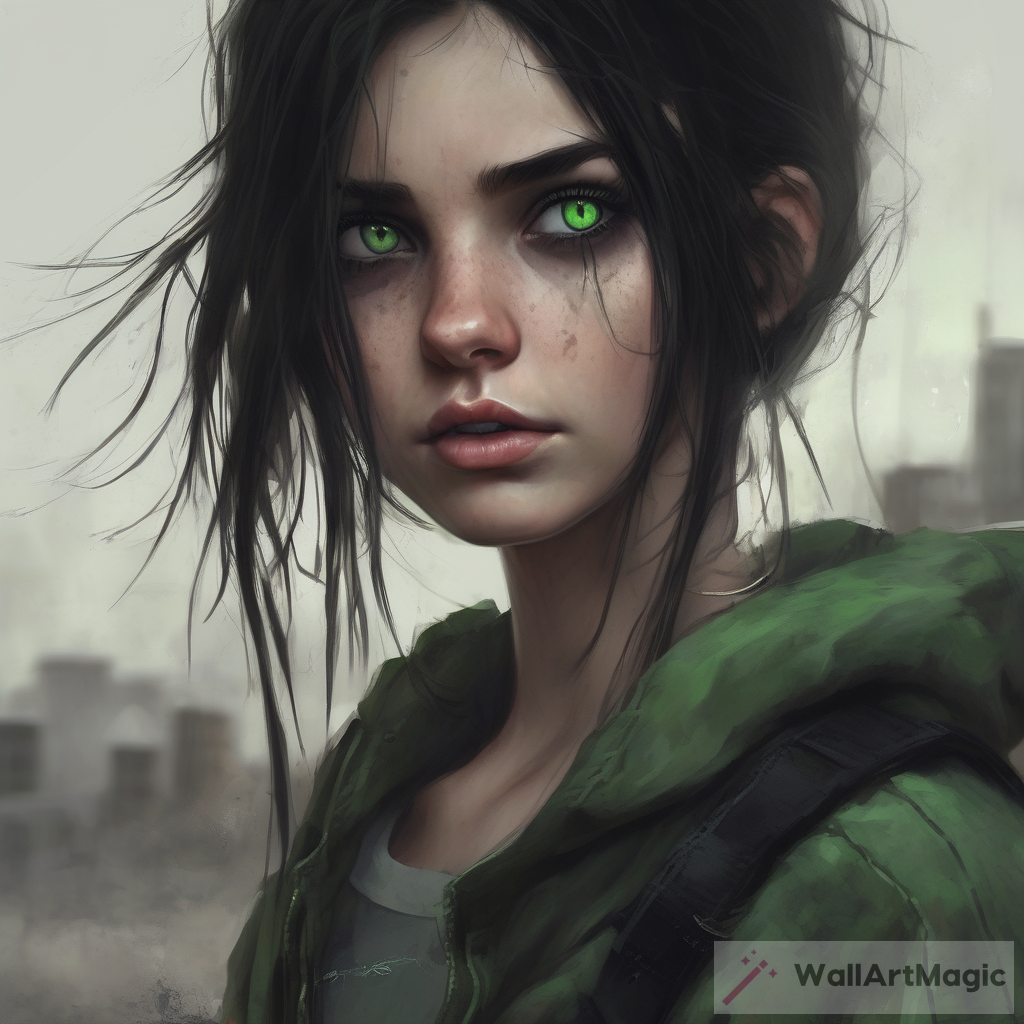 Pretty Girl with Dark Hair and Green Eyes: A Realistic Apocalypse Grunge Art