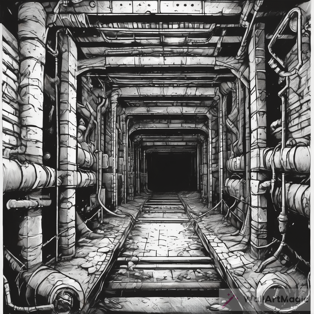 Exploring the Depths: A Black and White Ink Rendering of a Freight Elevator in a Sewer