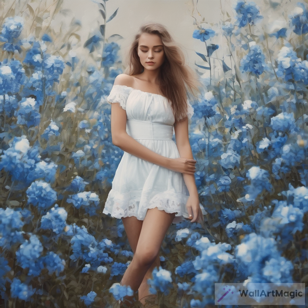 The Beauty of a Girl in White Dress Surrounded by Blue Flowers
