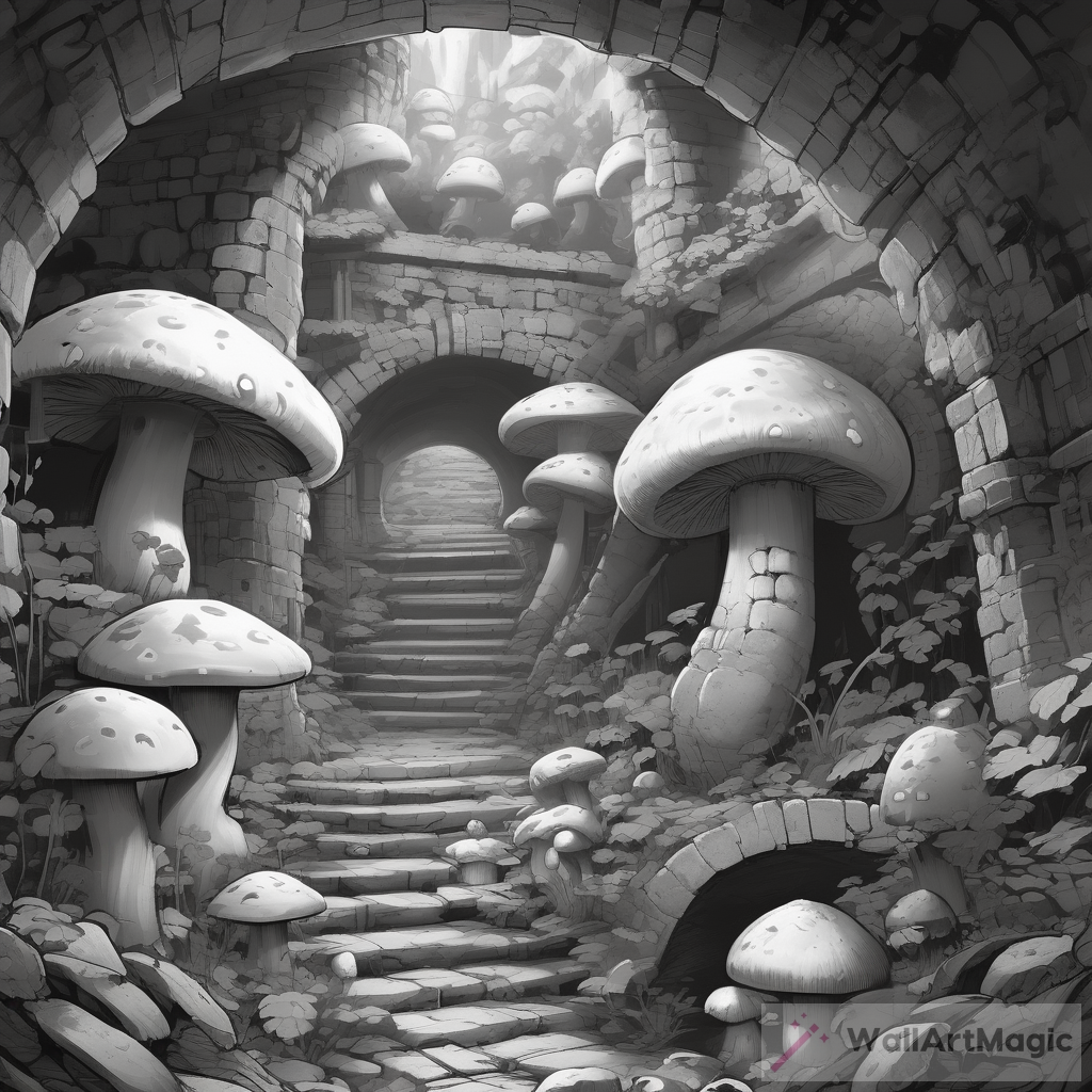 Black and white Dungeons and Dragons China-style art: A Sewer Full of Giant Mushrooms