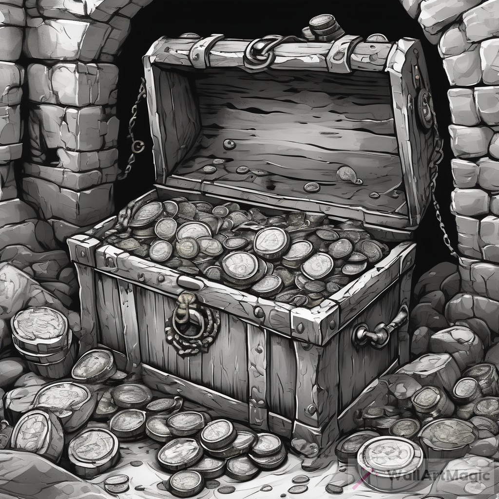 Realistic Inked Art: Pirate Chest Filled with Gold Coins in a Sewer
