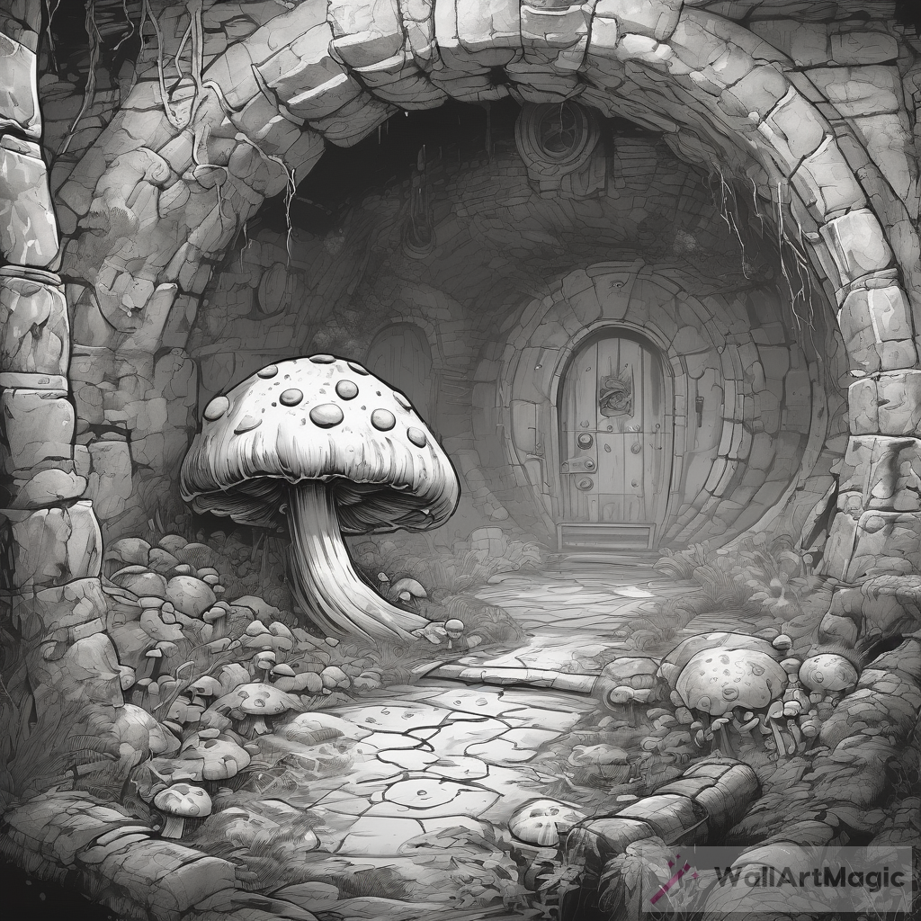 Realistic Inked Black and White Art of a Poisonous Mushroom in Sewer