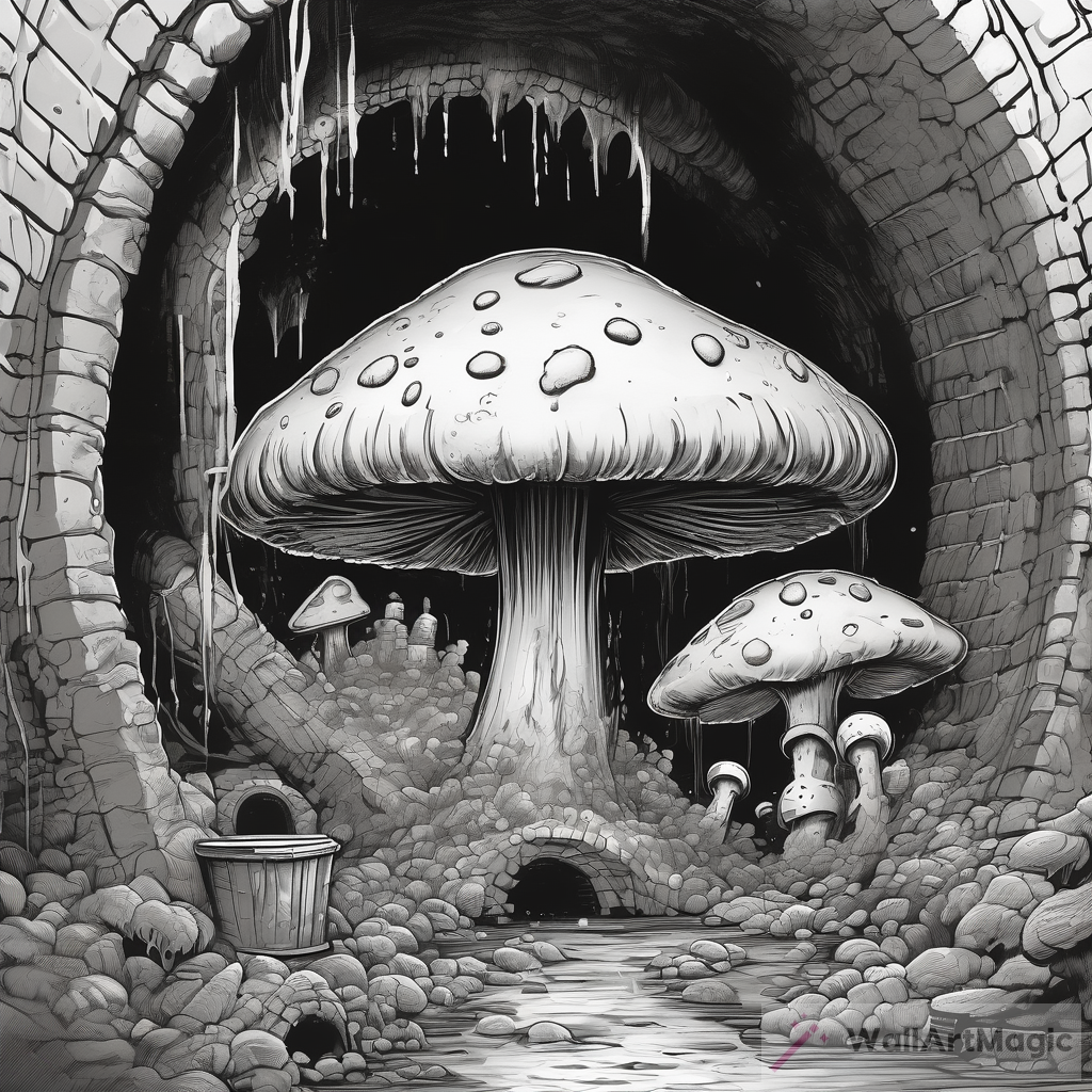 Inked Black and White Art: The Mysterious Sewer with a Giant Mushroom