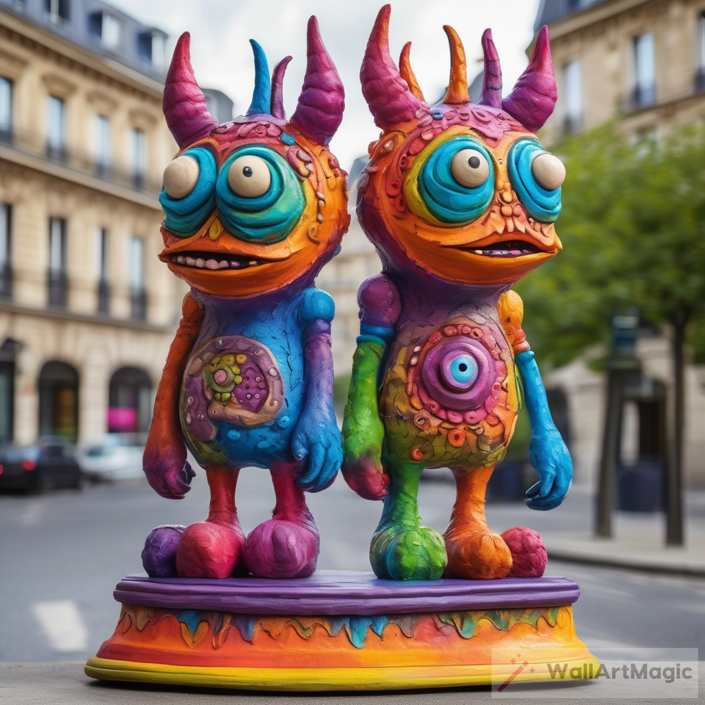 Whimsical Two-Headed Monster Sculpture in Paris