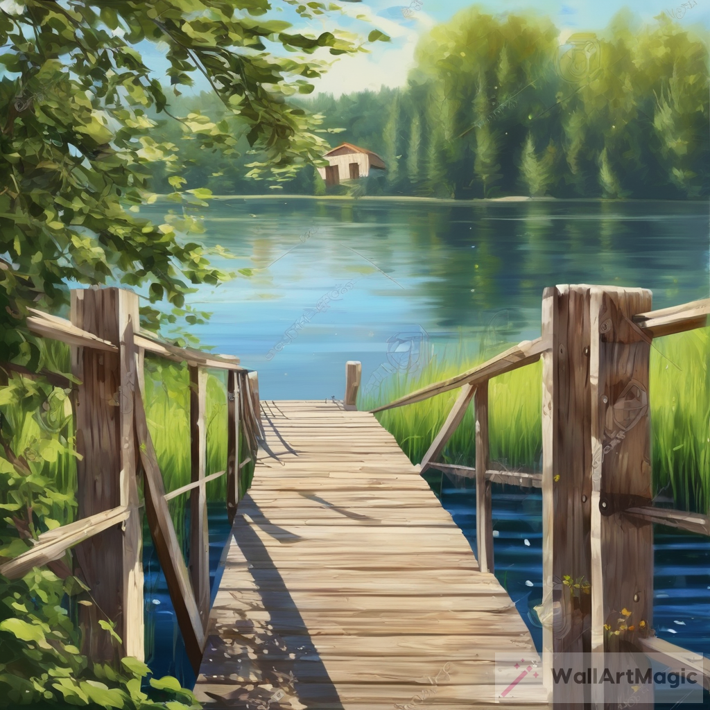 Tranquil Summer: Wooden Bridge on Lake Artwork