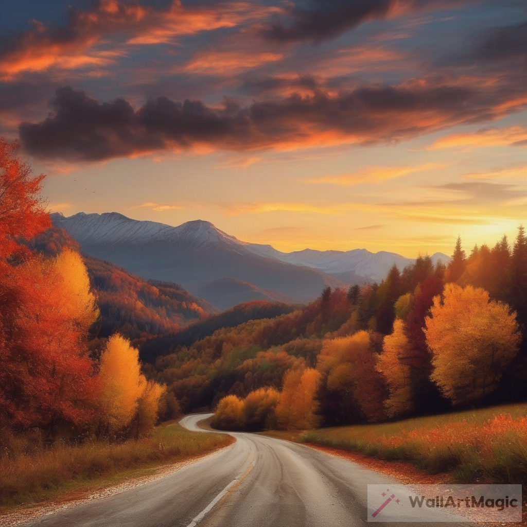Autumn Country Road Sunset in Mountains