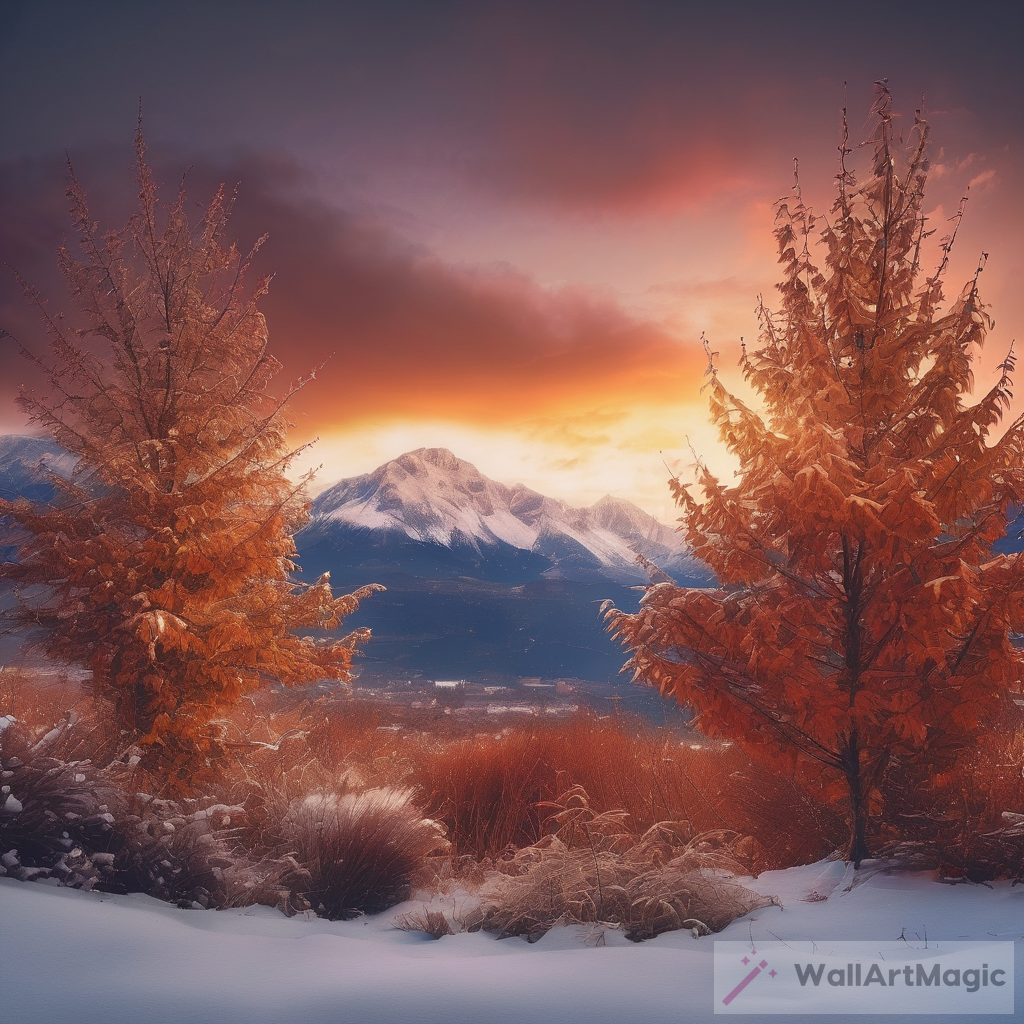 Vibrant Autumn Sunset: Mountains & Snowfall