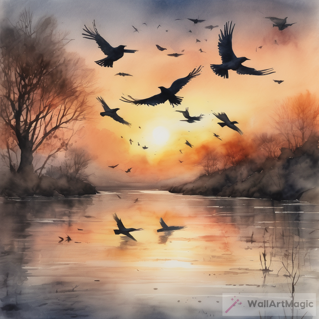 Breathtaking Watercolor Painting of Birds Flying Over River at Sunset