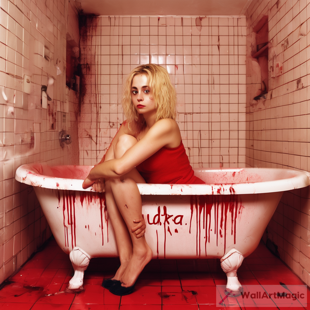 Chaotic Bathroom Scene with Marla Singer Lookalike
