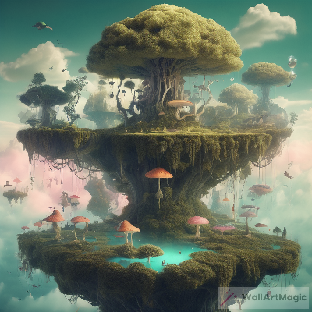 Surreal Dreamlike Forest with Mythical Creatures and Floating Islands