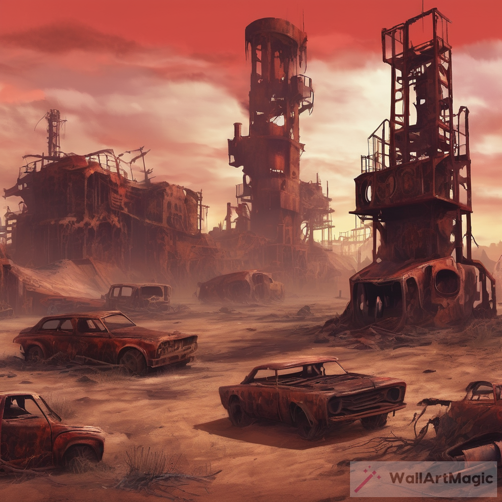 Post-Apocalyptic Wasteland: Rusted Machinery & Blood-Red Sky Art