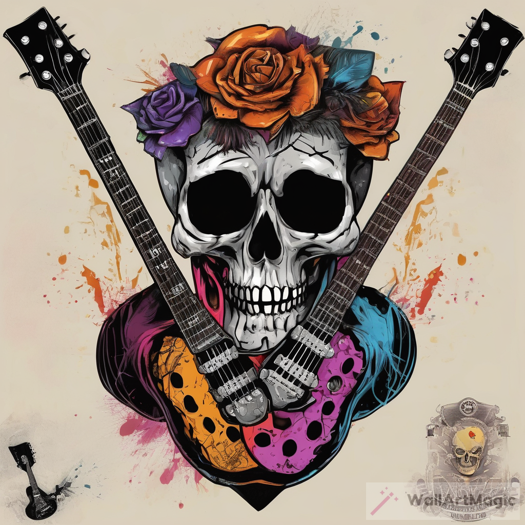 Vibrant Calavera Skull and Electric Guitar Art for Heavy Metal Rock Music Fans