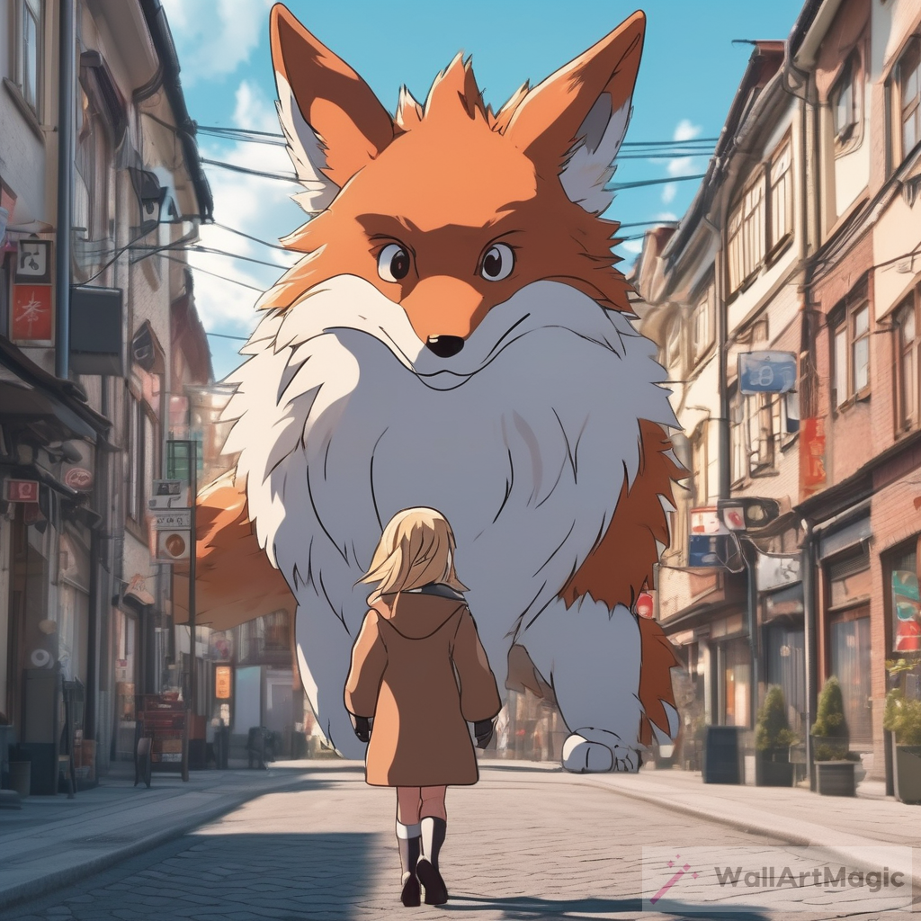 Whimsical Polish Town Photo: Girl in Fox Coat with Anime Dragon
