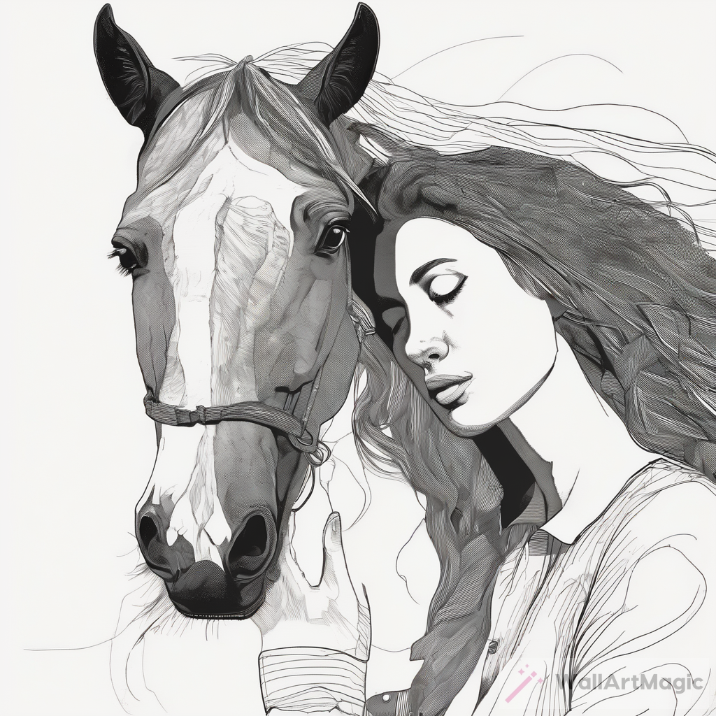 Horse with a Girl Fine Line Drawing