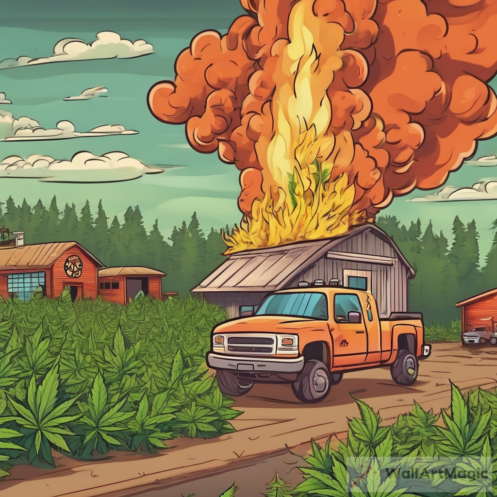 Surreal Cartoon Scene: Marijuana Farm Fire